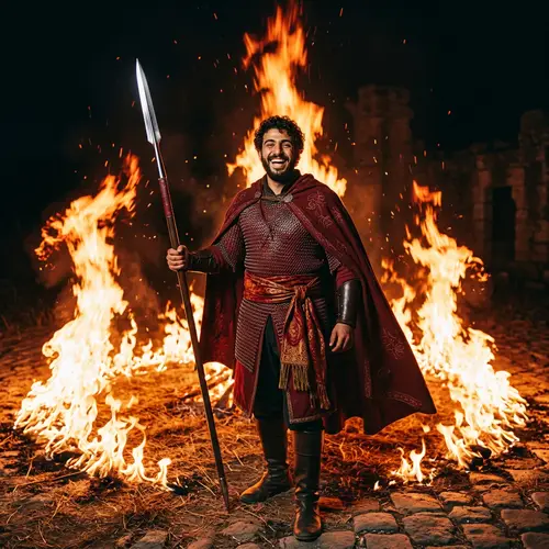 Fearless Duelist in Red Chain Armor Amidst Fire