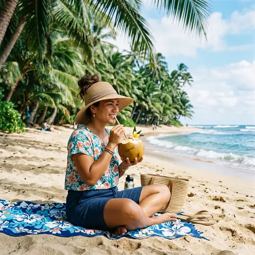 Polynesian Girl Sipping Coconut on Tropical Beach