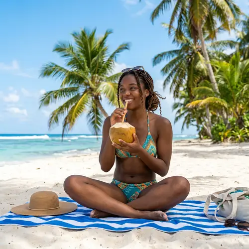 Tropical Beach Beauty: Afro Girl Sipping from Coconut