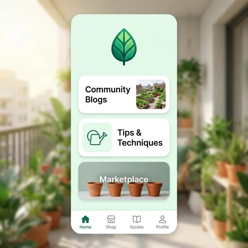 Urban Gardening Mobile App: Resources, Tutorials & Marketplace - Interface Designs