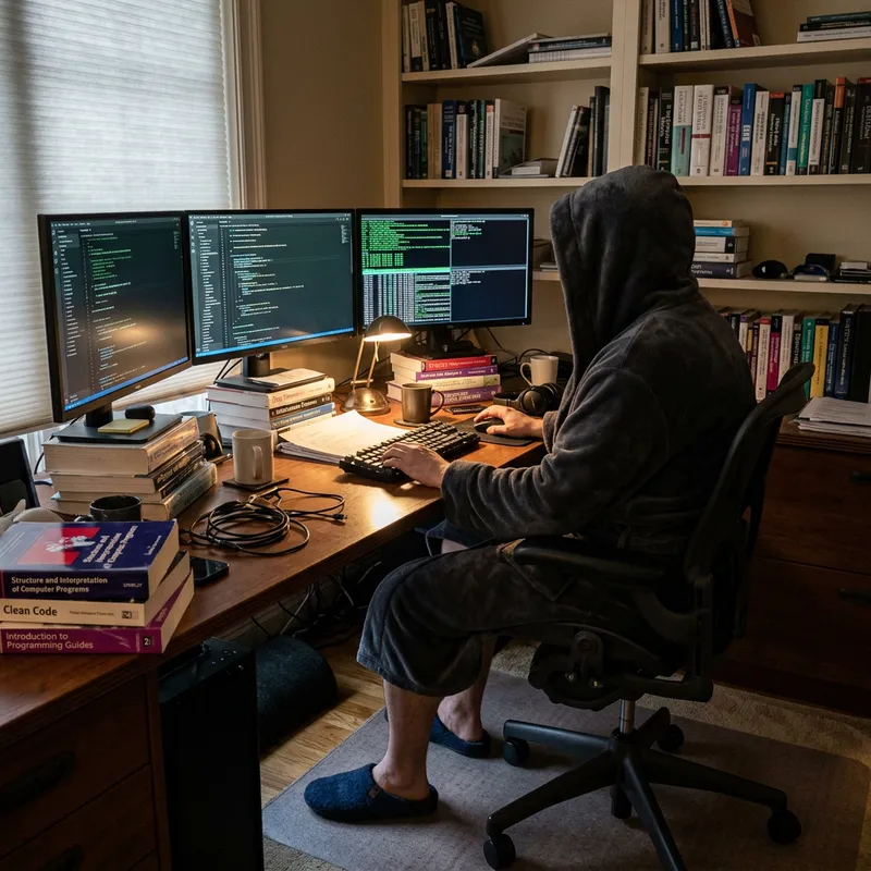 Satoshi Nakamoto Working from Home in His Underwear
