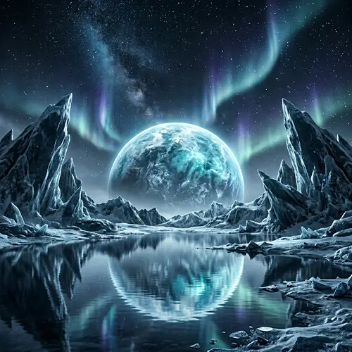 Surreal Icy Alien Landscape Under Starry Sky