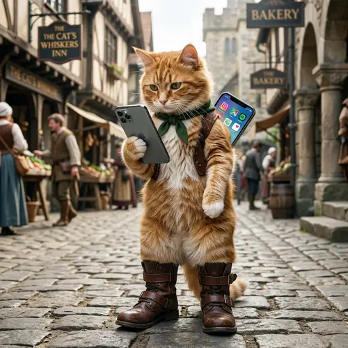 Anthropomorphic Cat in Boots Holding Smartphone - Curious Feline Tech Lover