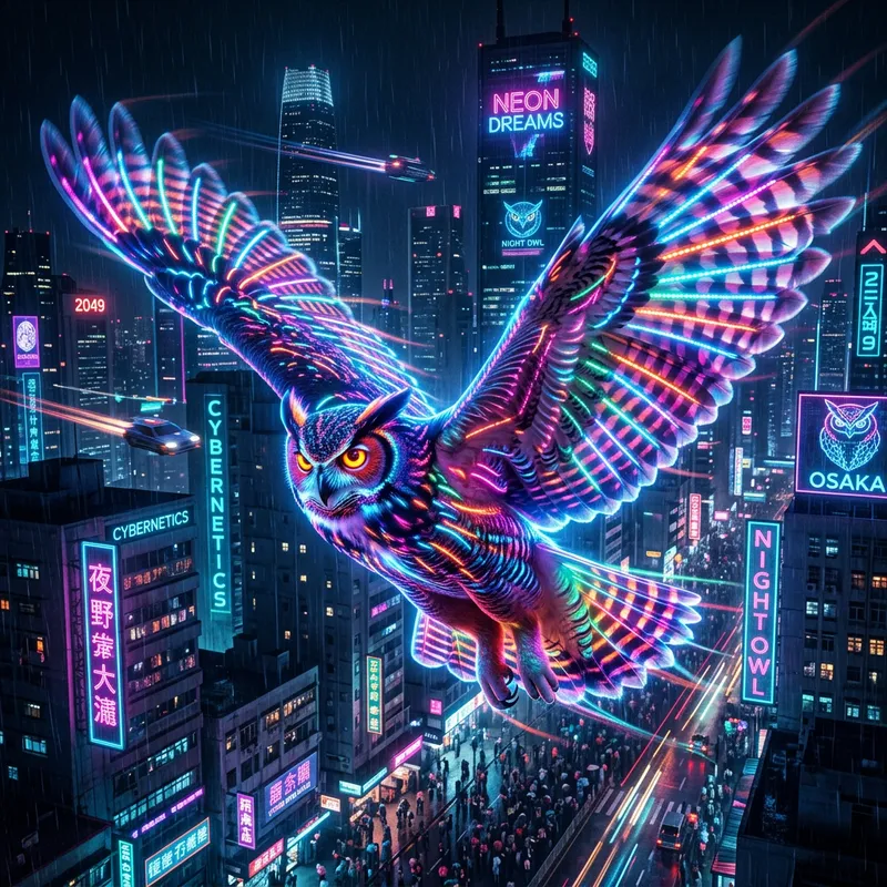 Majestic Neon Owl in Cyberpunk Flight Art