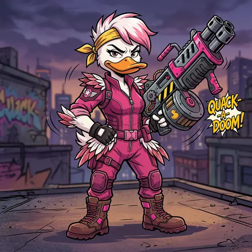 Fierce Female Duck with Machine Gun - Playful Comic Book Character