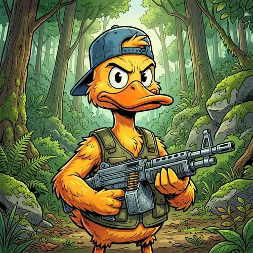 Anthropomorphic Duck Character with Machine Gun in Green Forest