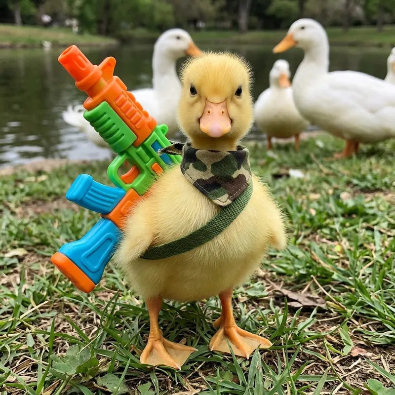 Cute Duckling Armed with a Mini Gun - Defending Mischief Cute Duckling Armed with a Mini Gun - Defending Mischief