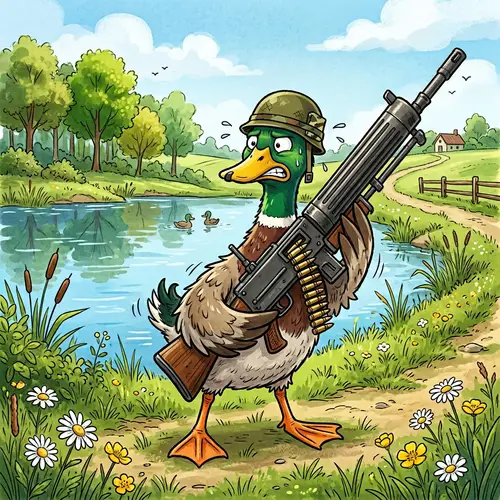 Humorous Cartoonish Duck Armed with Machine Gun in Countryside
