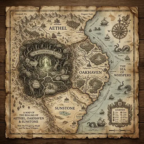 Detailed Parchment Map of Three Distinct States and Enigmatic Forest