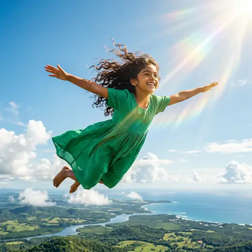 South Asian Girl Soaring Freely in the Baby Blue Sky
