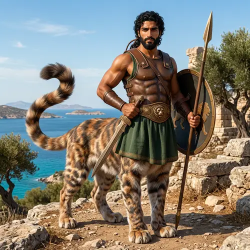 Greek Hero with Cat Legs and Tail | Full Color Artwork