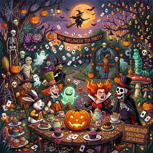 Halloween Wonderland Mashup: Chaotic Scene Mixing Halloween and Wonderland Elements
