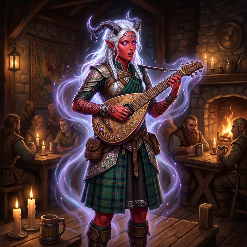 Scottish Tiefling Bard Character Concept Art | Ethereal Aura & Celtic Tattoos