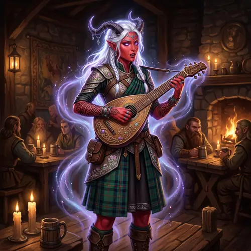 Scottish Tiefling Bard Character Concept Art | Glowing Red Skin, White Hair