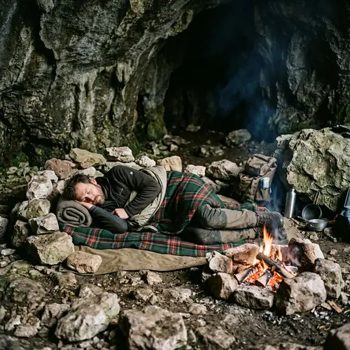 Man Sleeping in Cave with Small Fire
