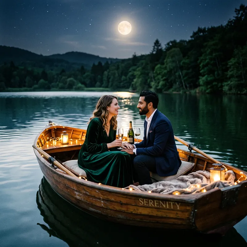 Intoxicated Romance: Vintage Boat Scene at Moonlit Lake Intoxicated Romance: Vintage Boat Scene at Moonlit Lake