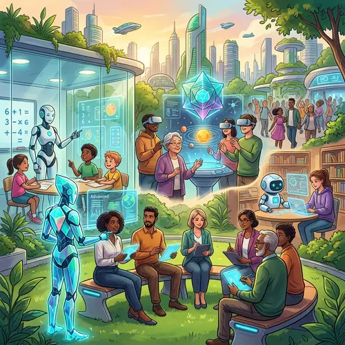 Futuristic AI Robots Teaching Humans in Diverse Environments