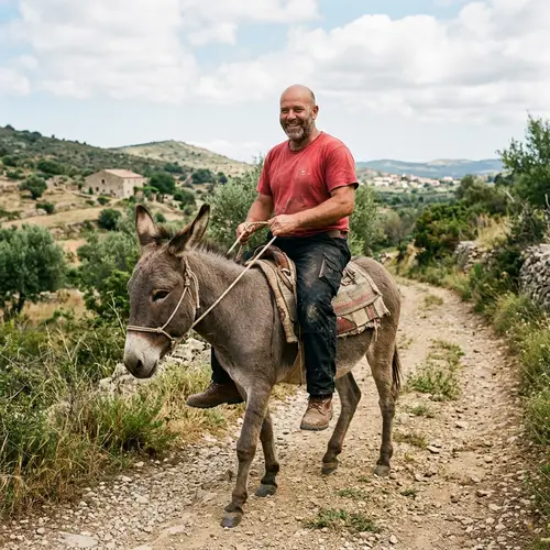 Bald Man in Red Shirt Riding a Donkey