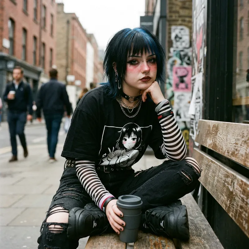 Stylish Emo Girl with Black Hair and Piercings