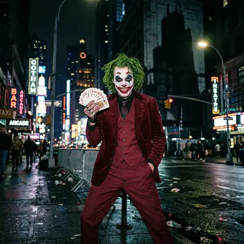 Vibrant Green-Haired Clown in Maroon Suit | Cityscape Night Scene