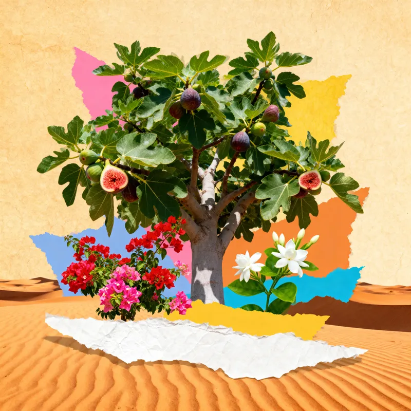 Desert Collage: Fig Tree and Vibrant Flora