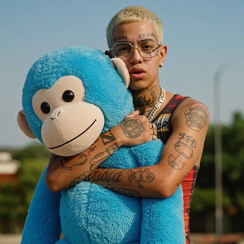 Mexican Reggaeton Artist Embraces Giant Blue Plush Toy