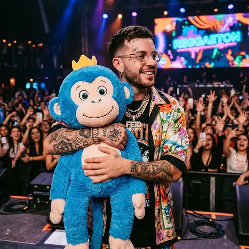 Mexican Reggaeton Artist Embraces Giant Blue Plush Toy