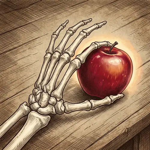 Skeleton Arm Holding Vibrant Red Apple