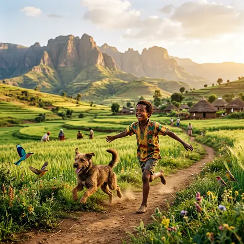 Uplifting Scene in Rural Ethiopia - Green Fields & Majestic Mountains
