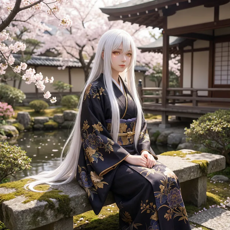 Mystic Woman in Elegant Kimono with White Hair
