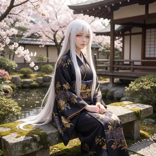 Mystic Woman in Elegant Kimono with White Hair