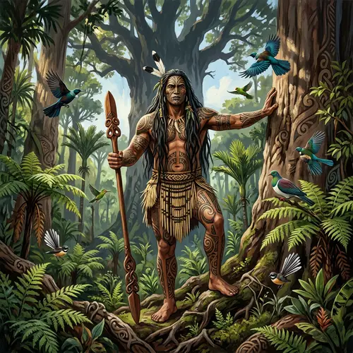 Tane Mahuta: Maori God of Forests and Birds in a Lush Setting