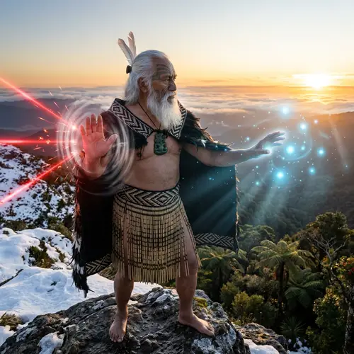 Maori Tohunga Ngatoroirangi in Lush New Zealand Forest at Sunrise