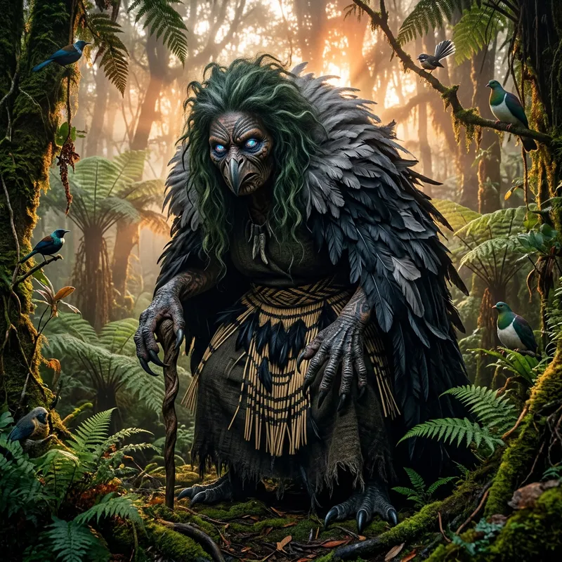 Envision an Imposing Bird Witch Crone in New Zealand Fern Forest Envision an Imposing Bird Witch Crone in New Zealand Fern Forest