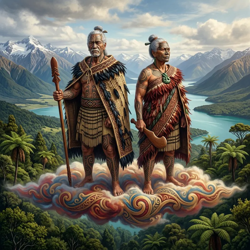 Elderly Muscular NZ Maori Deities on Cloud | Maori Art & Heritage