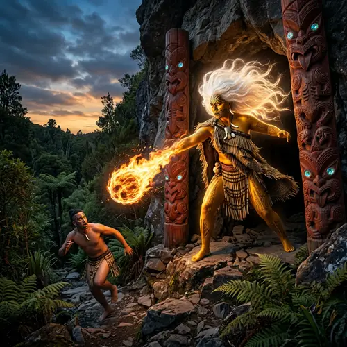 Mahuika: Divine Maori Goddess in Fiery Action