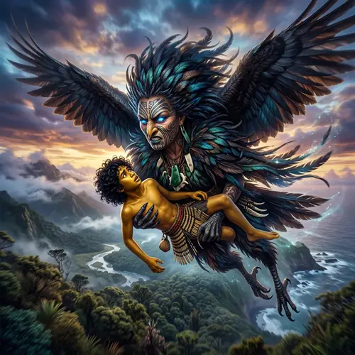 Kurangaituku: Mythical Maori Bird Woman with Glowing Blue Eyes and Feathers