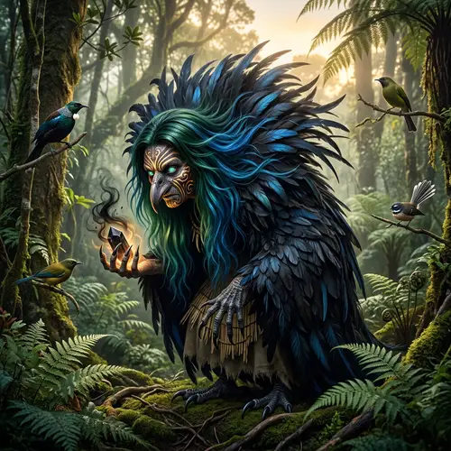 Ethereal Bird-Witch in New Zealand Fern Forest | Supernatural Scene