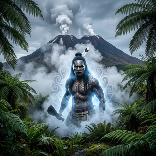 Maori Guardian Emerging from Steaming Double Peaked Volcano