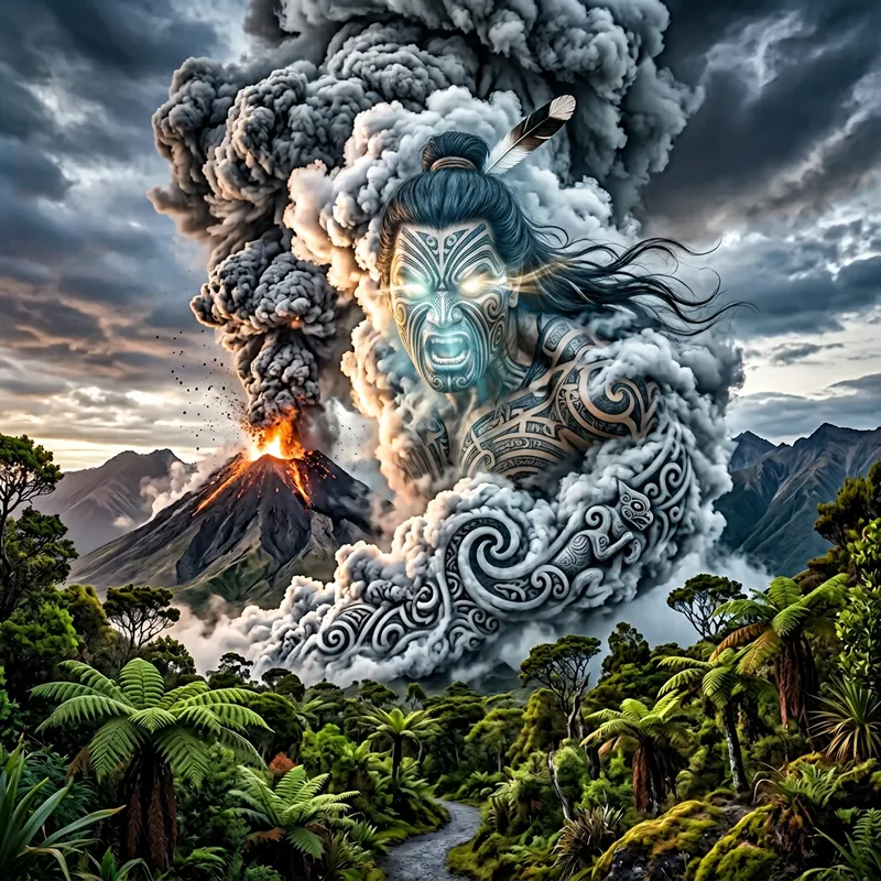 Hyper-Realistic Maori Guardian Silhouette in Volcano Steam