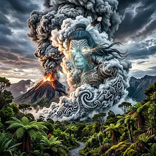 Ultra-HD Maori Guardian Silhouette in Volcano Steam