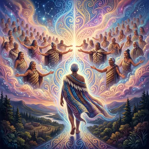 Maori Elder Spirit Ascension: Ancestral Reunion in Vibrant Art