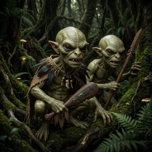 Maori Goblin-Like Creatures in Haunting Dark Fantasy Setting