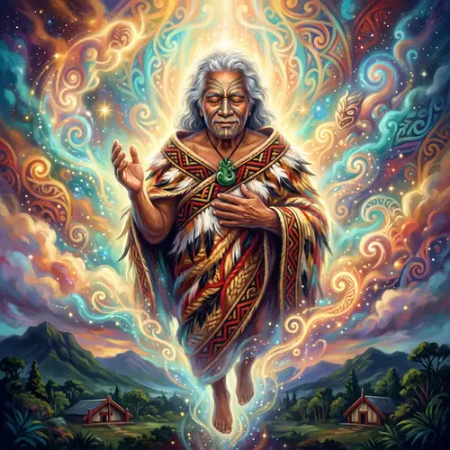 Maori Elder Ascending to Heaven in Vibrant Colors - Maori Artistry