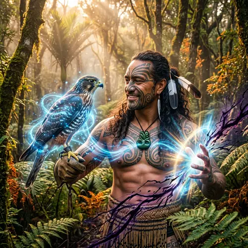 Maori Warrior Maui in New Zealand Forest at Sunrise