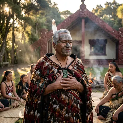 Traditional New Zealand Maori Spiritual Ceremony with Maori Elder in Feather Cloak