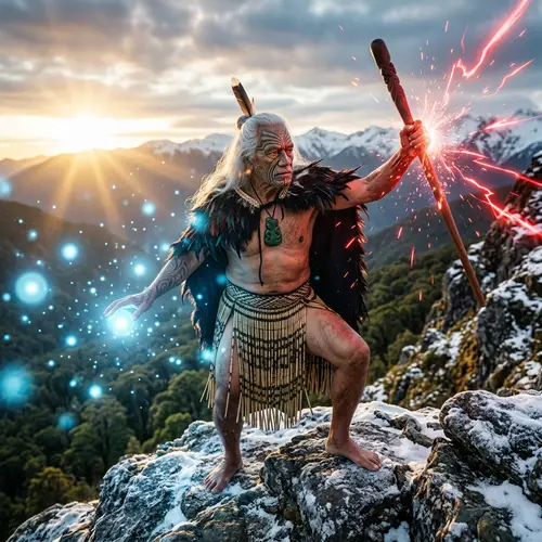 Elderly Maori Tohunga Priest in New Zealand Forest - Spiritual Scene