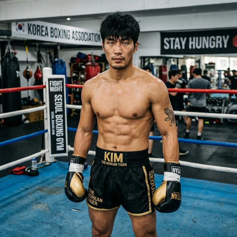 East Asian Professional Boxer with Blue Eyes and Muscular Build