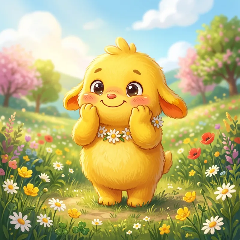 Cute Happy Yellow Character | Joyful & Shy Pose