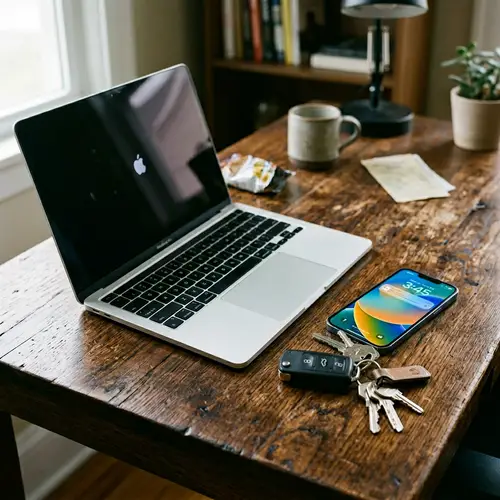 Modern Laptop, Smartphone, Car Keys on Wooden Table